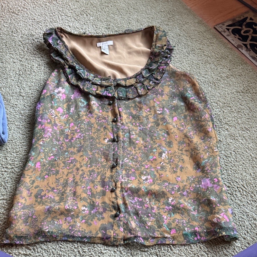 J. Crew Floral Ruffle Blouse - Green and Brown